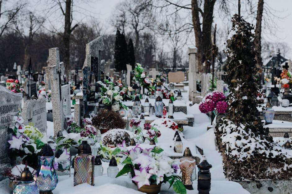 A snow-covered cemetery with numerous graves decorated with colorful floral arrangements, including pink, white, and purple blooms, alongside glass and metal lanterns. The flowers appear fresh, with p